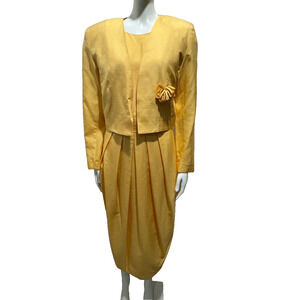 80s JOANIE CHAR Yellow 100% Silk Jacket + Dress MOB Set 2 PC Set Sz 8 Hong Kong